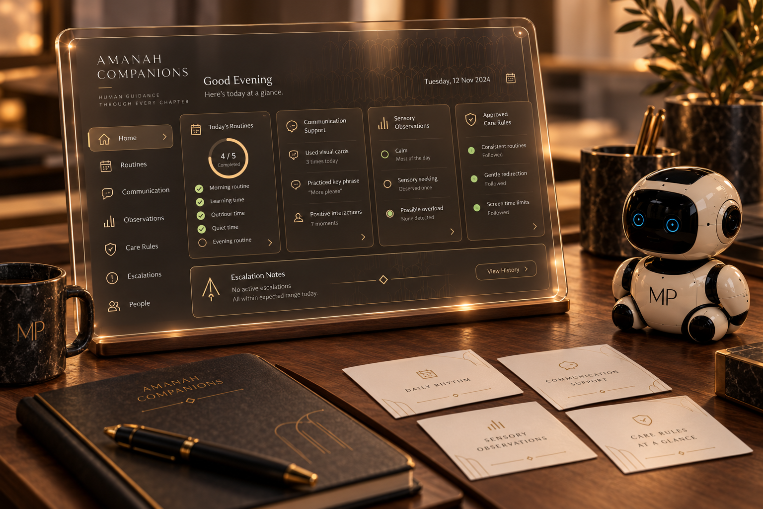 A conceptual system review surface beside written notes and a small companion device.