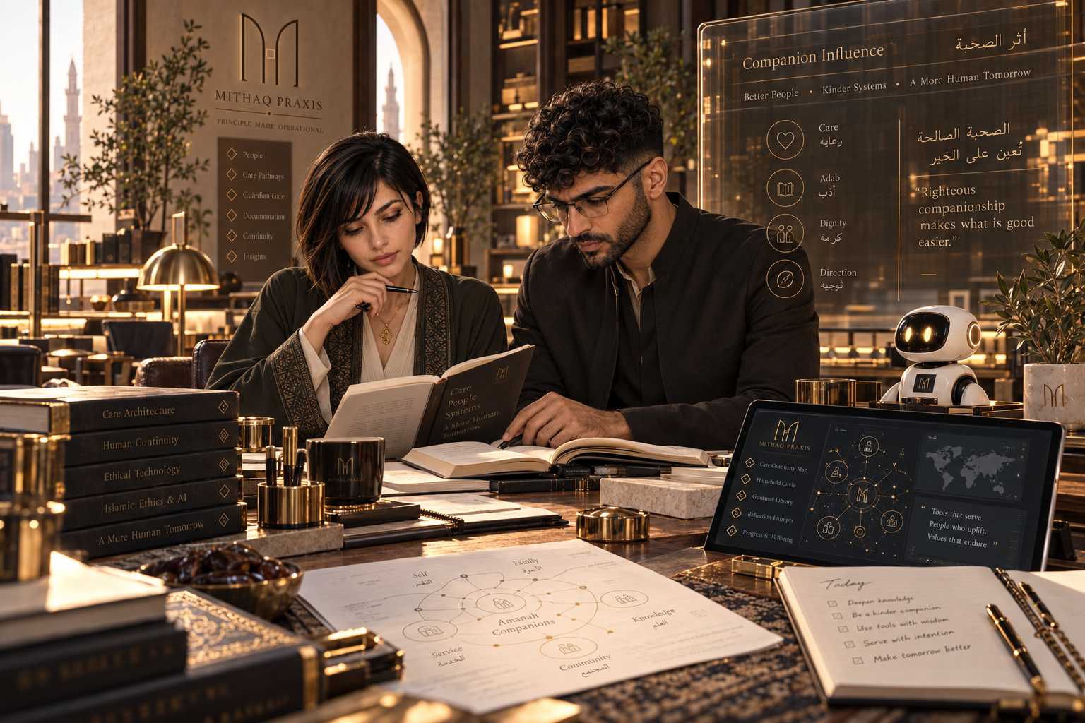 People working together at a Mithaq Praxis research table.
