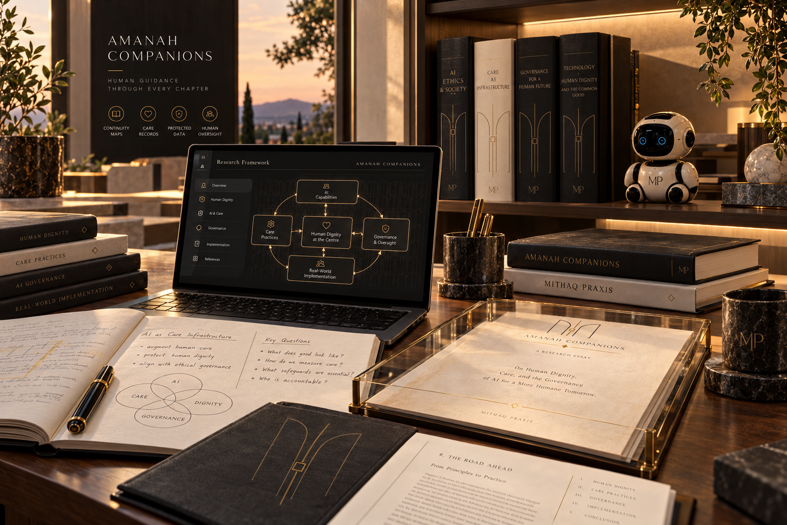 A research desk holding publications, notes, and a conceptual framework display.