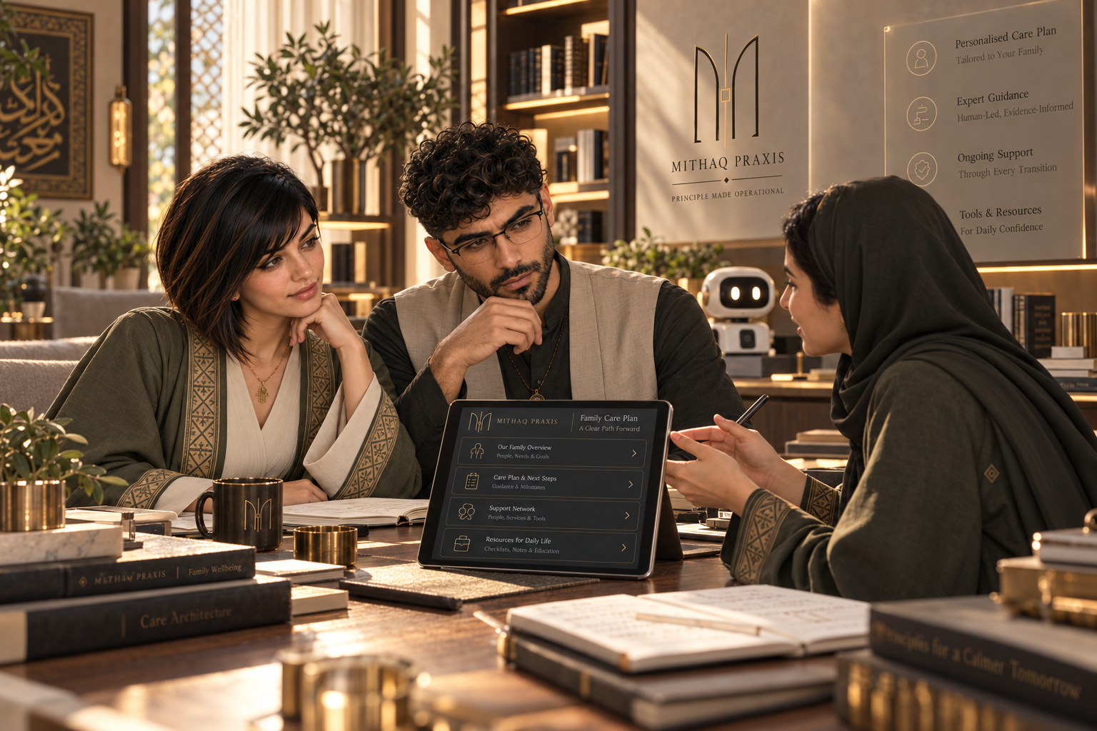 Three people in careful conversation around a conceptual care-planning interface.