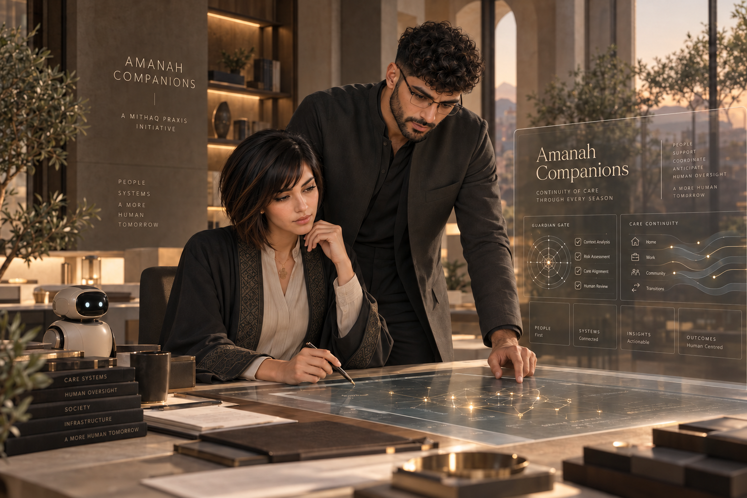 Researchers studying a large conceptual continuity atlas across a table and glass interface.