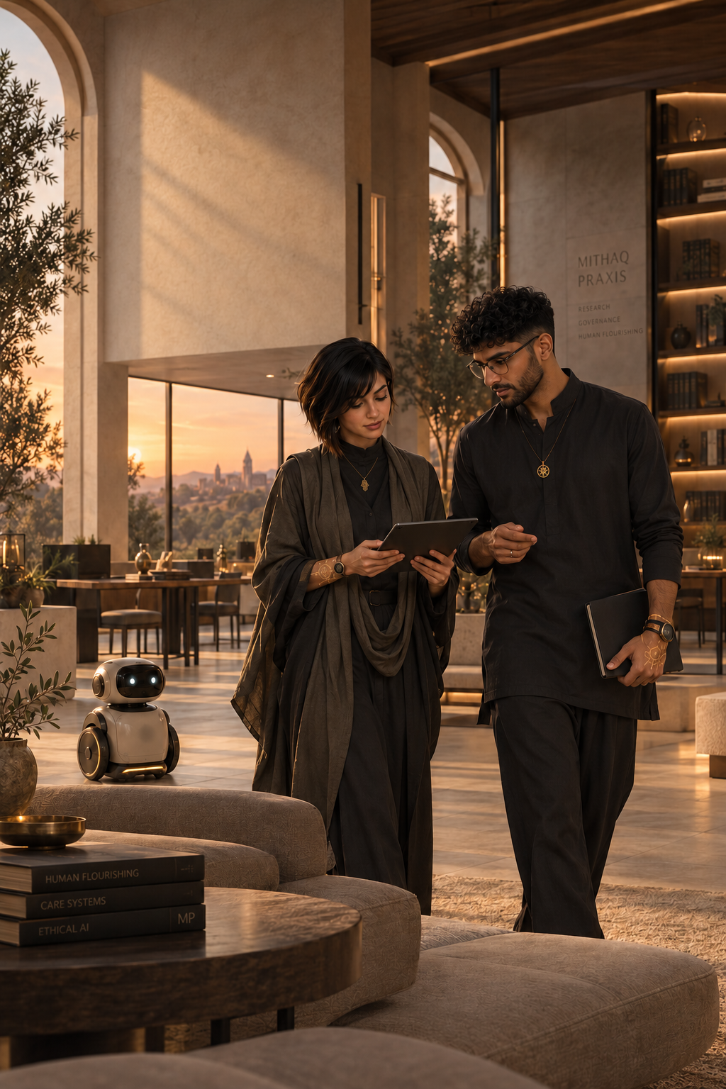 Two researchers walking together while reviewing a tablet, with a small companion device nearby.