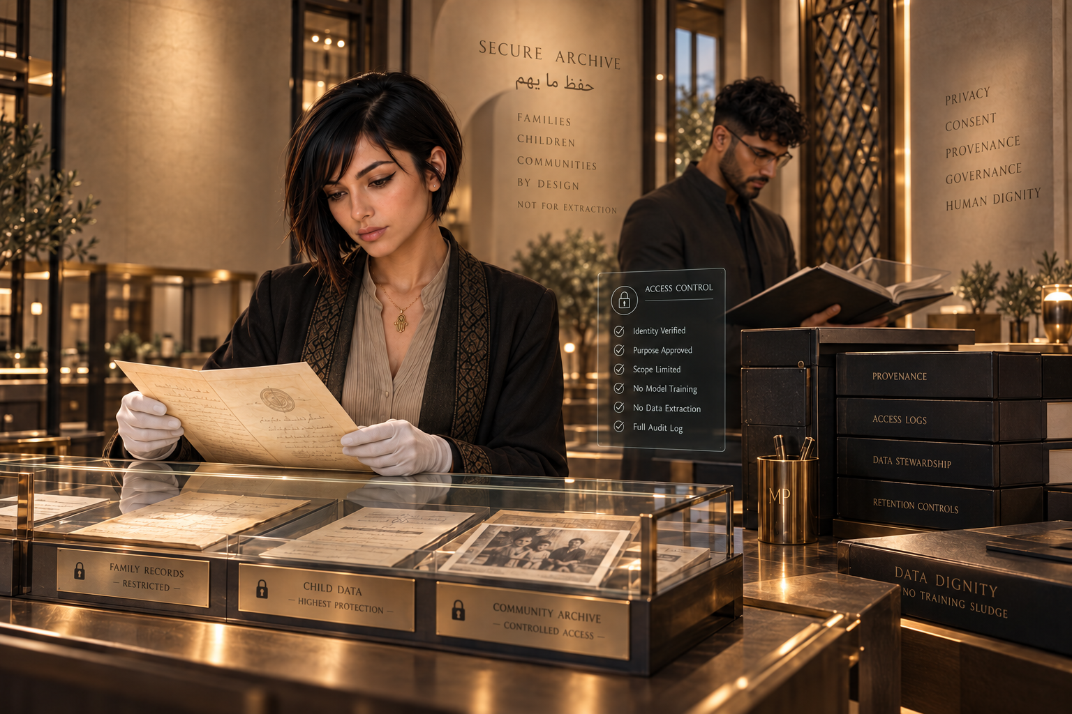 Researchers handling a protected archive with visible access control and data-stewardship boundaries.
